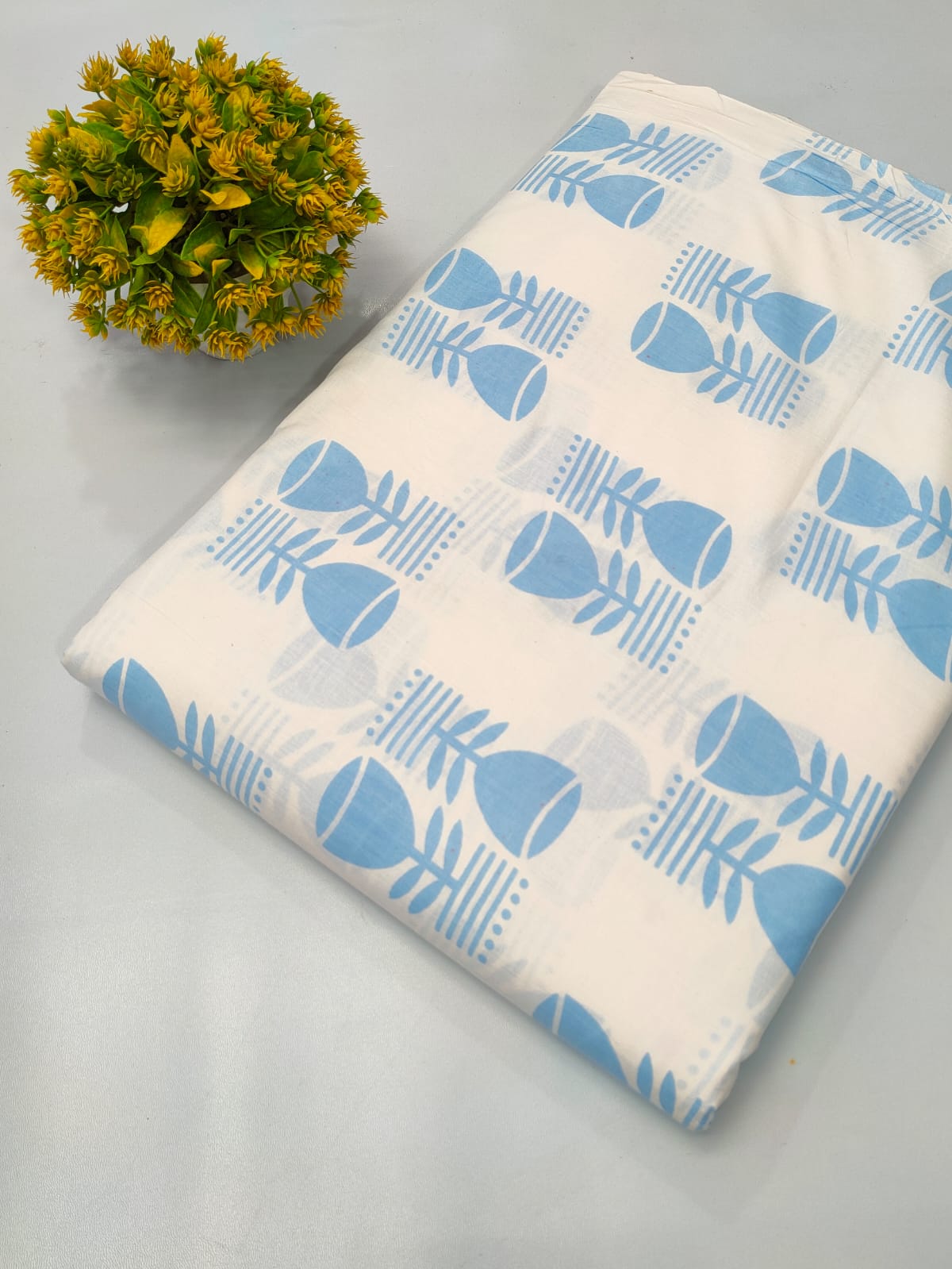Light Blue Floral Screen Print Pure Cotton Fabric From Tulsi Prints