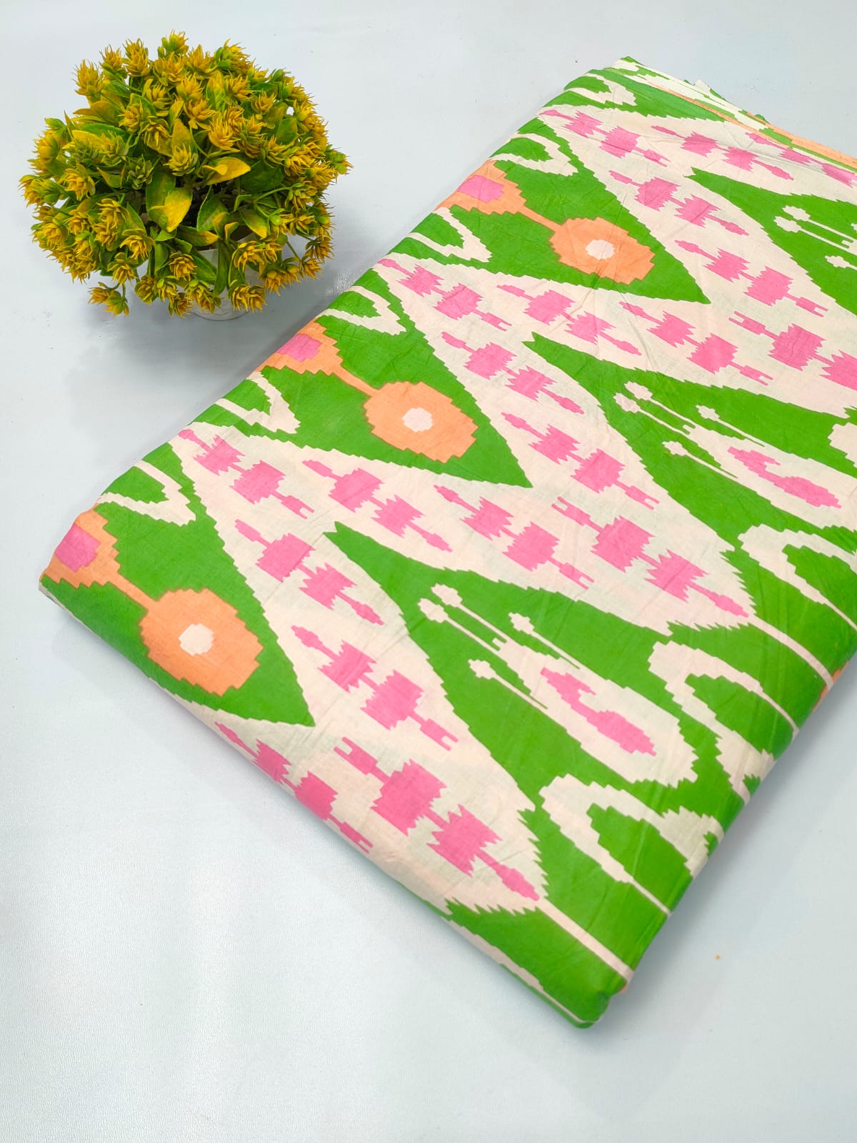 Pink and Green Geometric Screen Print Pure Cotton Fabric From Tulsi Prints