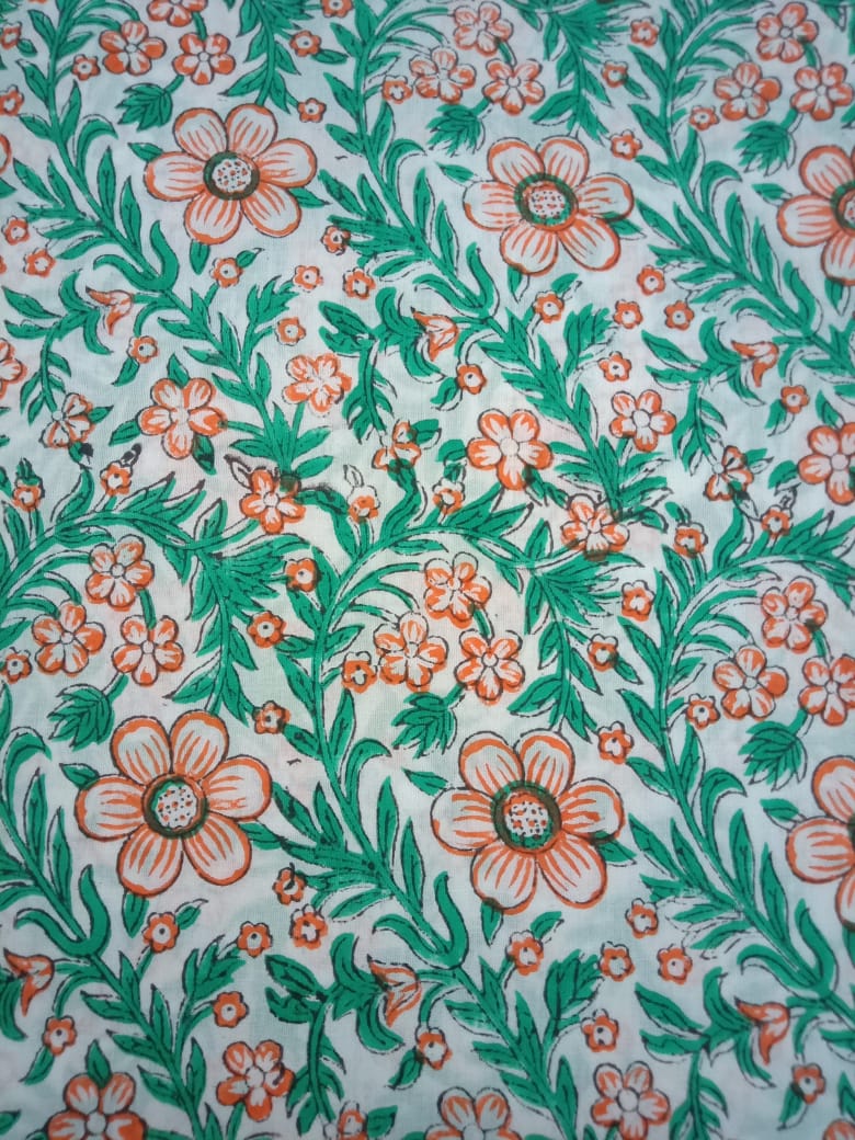 White Base Sea Green & Orange Floral Hand Block Printed Pure Cotton Fabric - JBR95