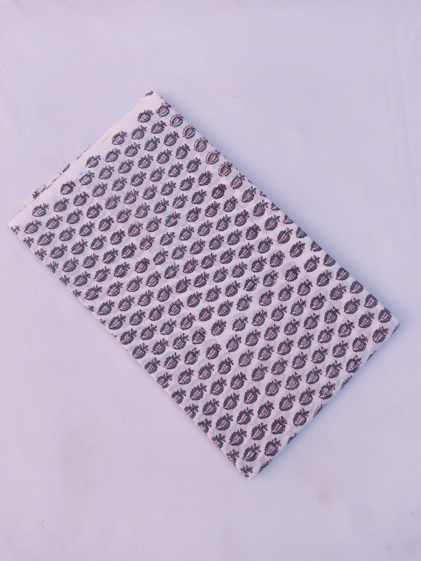 White Base Gray & Sea Green Small Leaves Buti Hand Block Printed Pure Cotton Fabric - JBR77