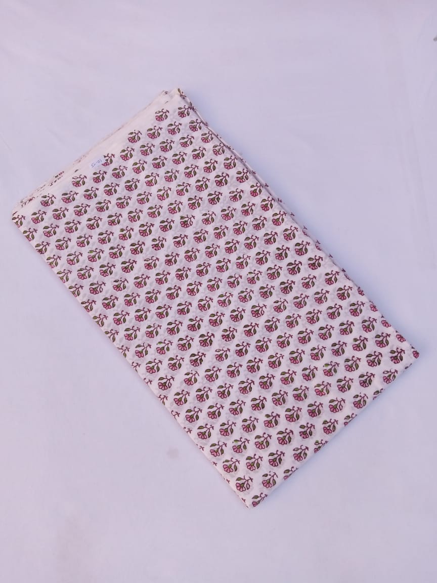 White Base Pink & Green Buti Hand Block Printed Pure Cotton Fabric - JBR70