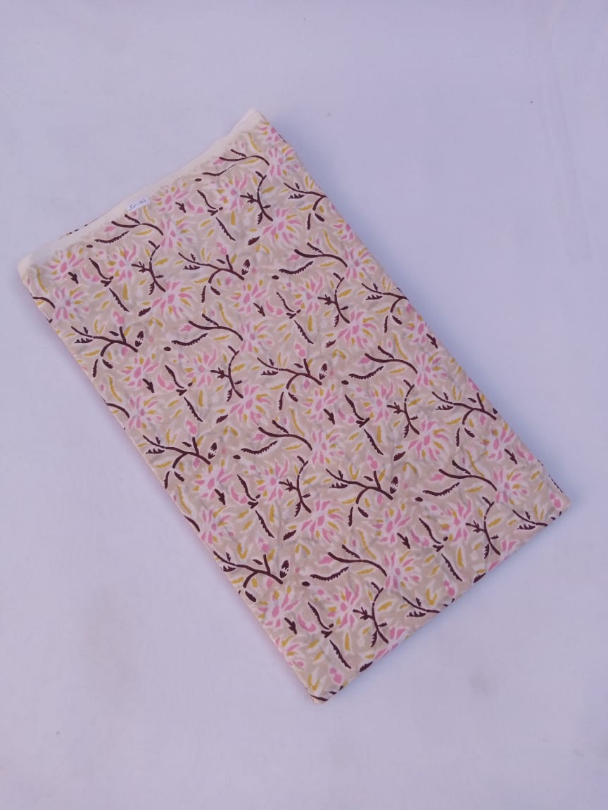 Light Beige Scroll Pattern Hand Block Printed Pure Cotton Fabric - JBR72