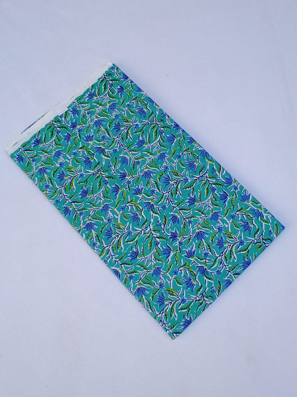 Sea Green with Blue Florals Pure Cotton Hand Block Printed Fabric - JBR63