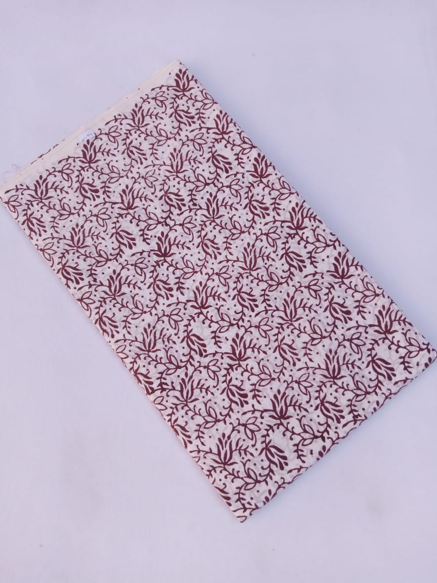 White Base Maroon Scroll Pattern Pure Cotton Hand Block Printed Fabric - JBR60