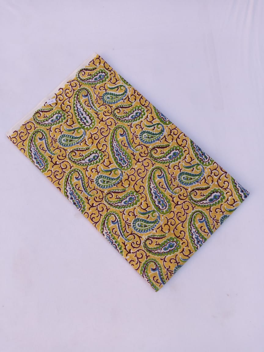 Yellow with Blue & Green Paisley Pattern Hand Block Printed Pure Cotton Fabric - JBR54