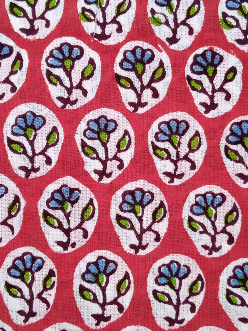 Red with Green & Blue Small Buti Hand Block Printed Pure Cotton Fabric - JBR45