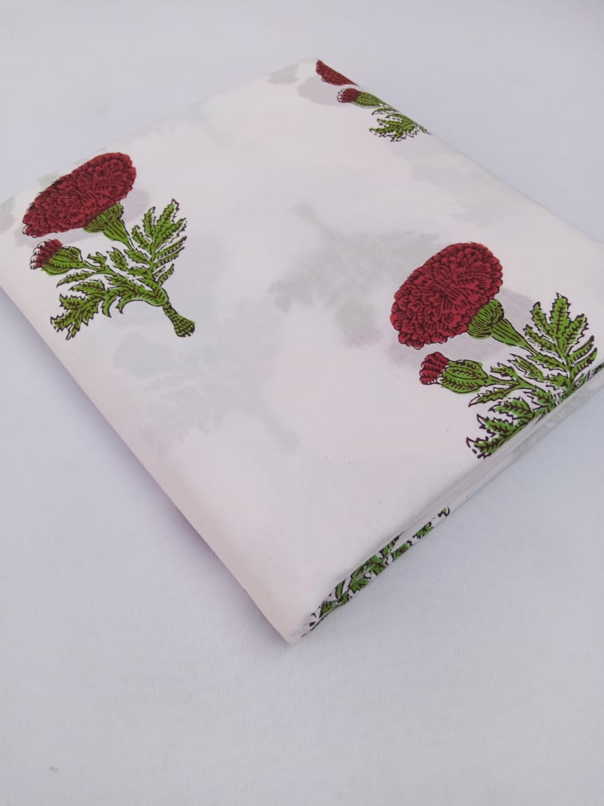 White Red Floral Hand Block Print Pure Cotton Fabric From Tulsi Prints