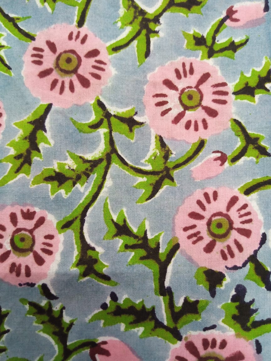 Gray with Pink & Green Florals Pure Cotton Hand Block Printed Fabric - JBR44
