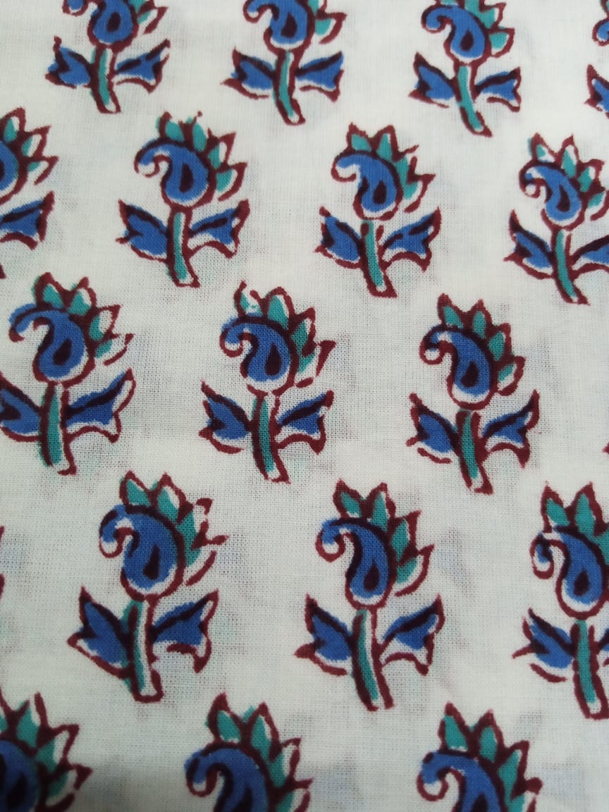 Blue & Sea Green White Base Small Buti Hand Block Printed Pure Cotton Fabric - JBR37