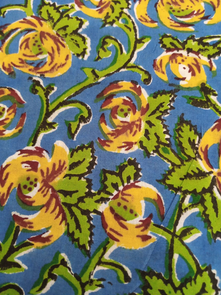 Blue with Yellow & Green Kalamkari Print Pure Cotton Hand Block Printed Fabric - JBR39
