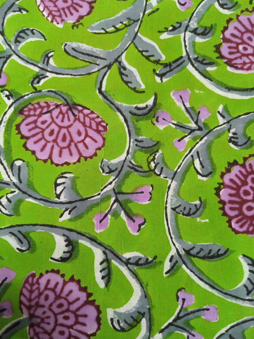 Green with Purple Florals Pure Cotton Hand Block Printed Fabric - JBR36
