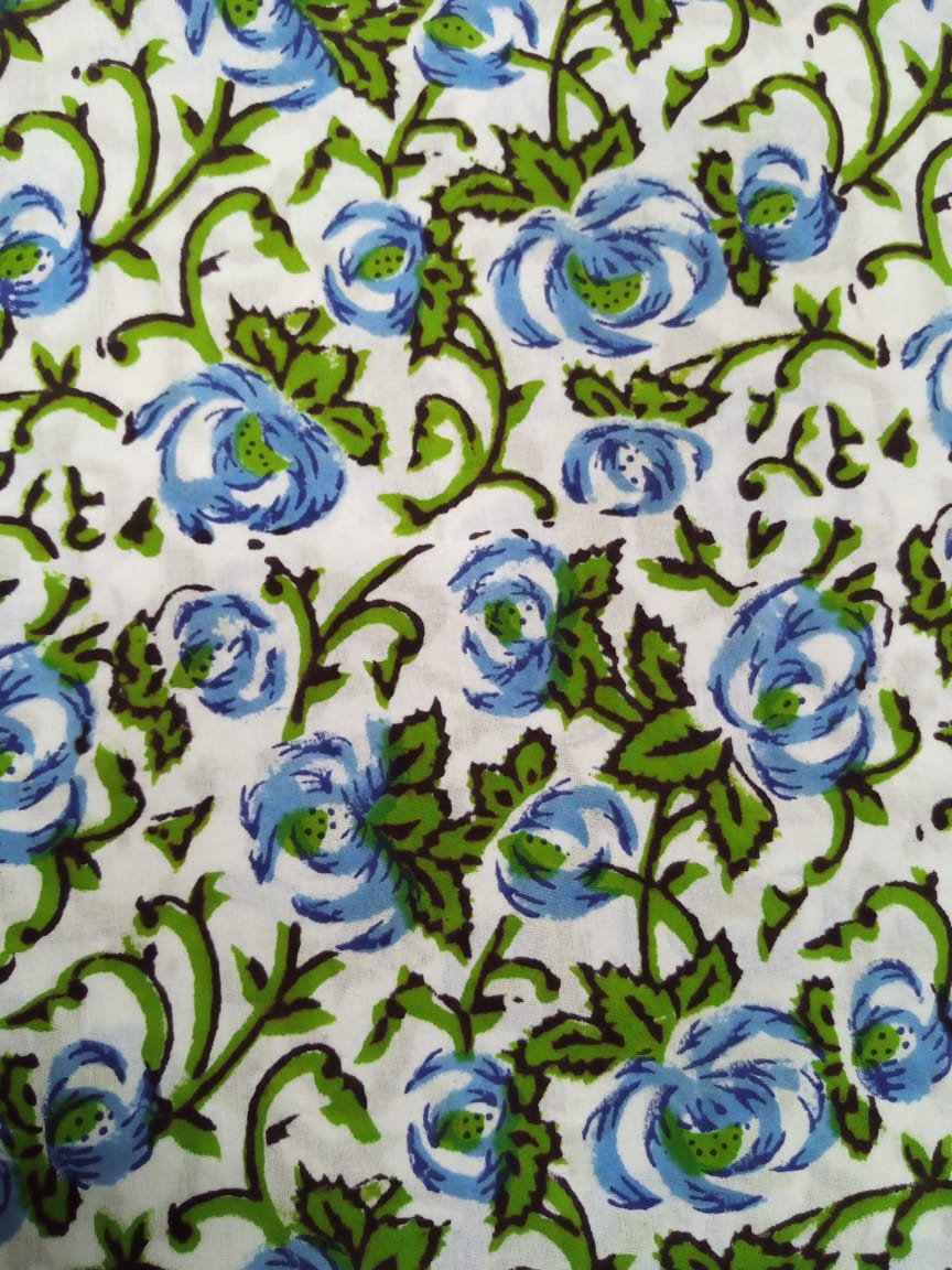 Kalamkari White Base Blue & Green Floral Pattern Pure Cotton Hand Block Printed Fabric - JBR30