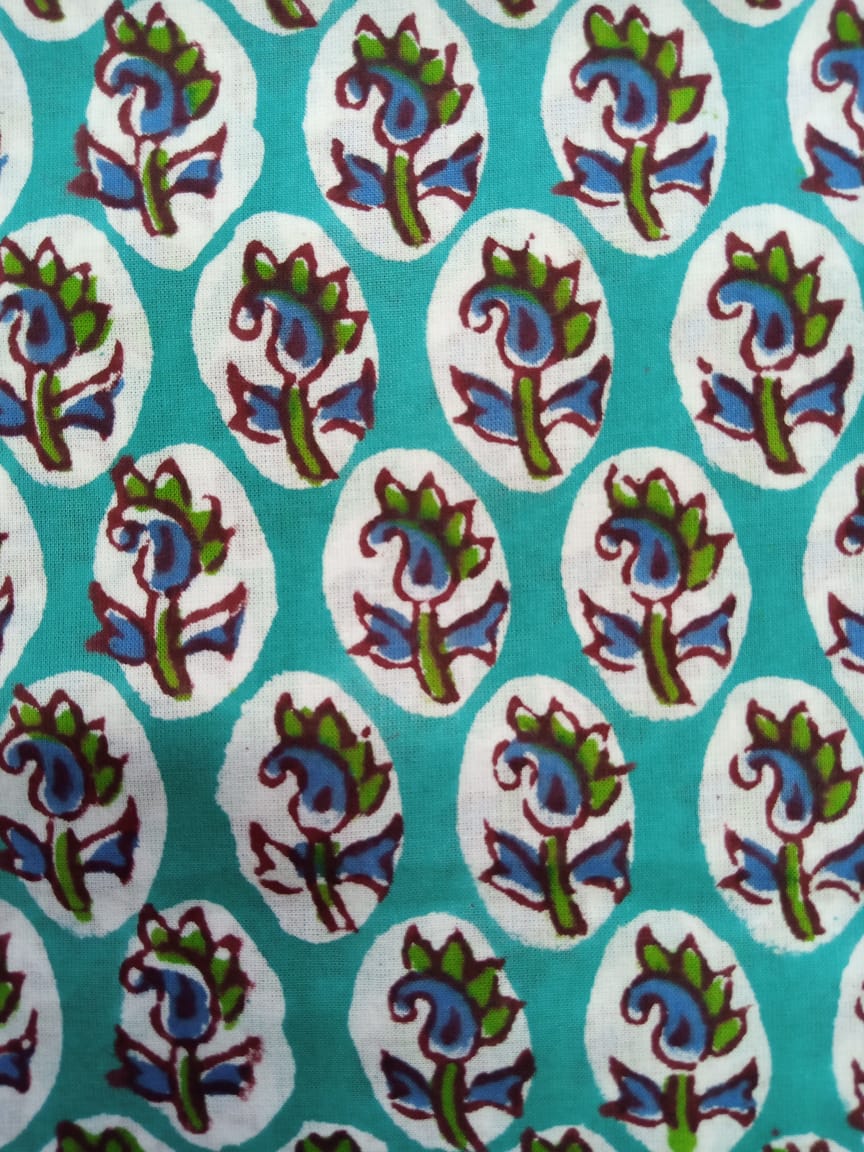 Sea Green Small Buti Pure Cotton Hand Block Printed Fabric - JBR24