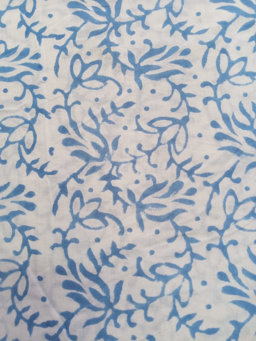 Blue Scroll Pattern Single Color Pure Cotton Hand Block Printed Fabric - JBR23
