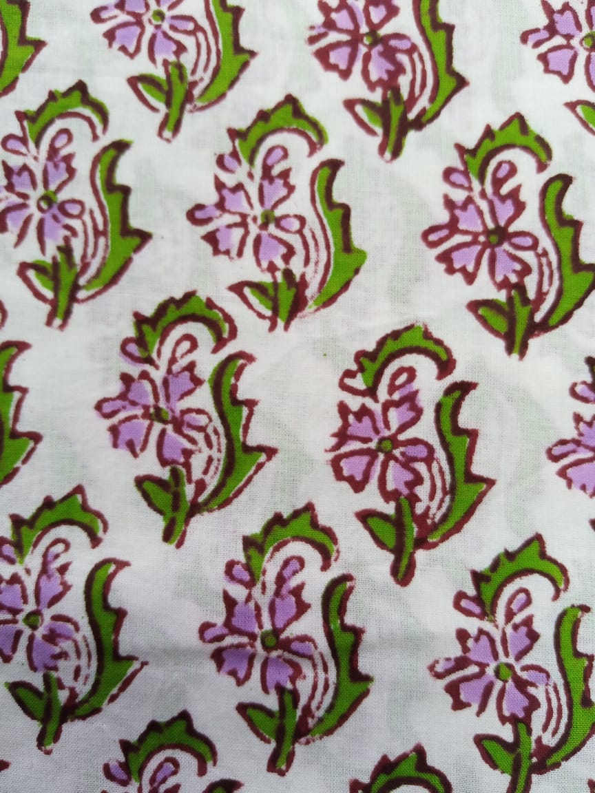 Purple and Green White Base Small Floral Buti Pattern Hand Block Printed Pure Cotton Fabric - JBR22