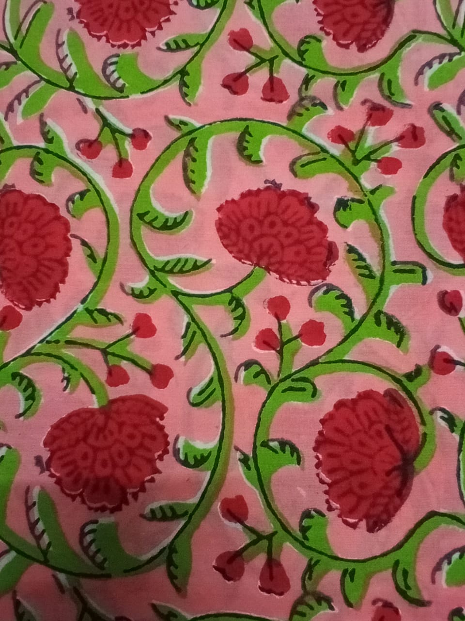Peach with Red Florals Pattern Pure Cotton Hand Block Printed Fabric - JBR18