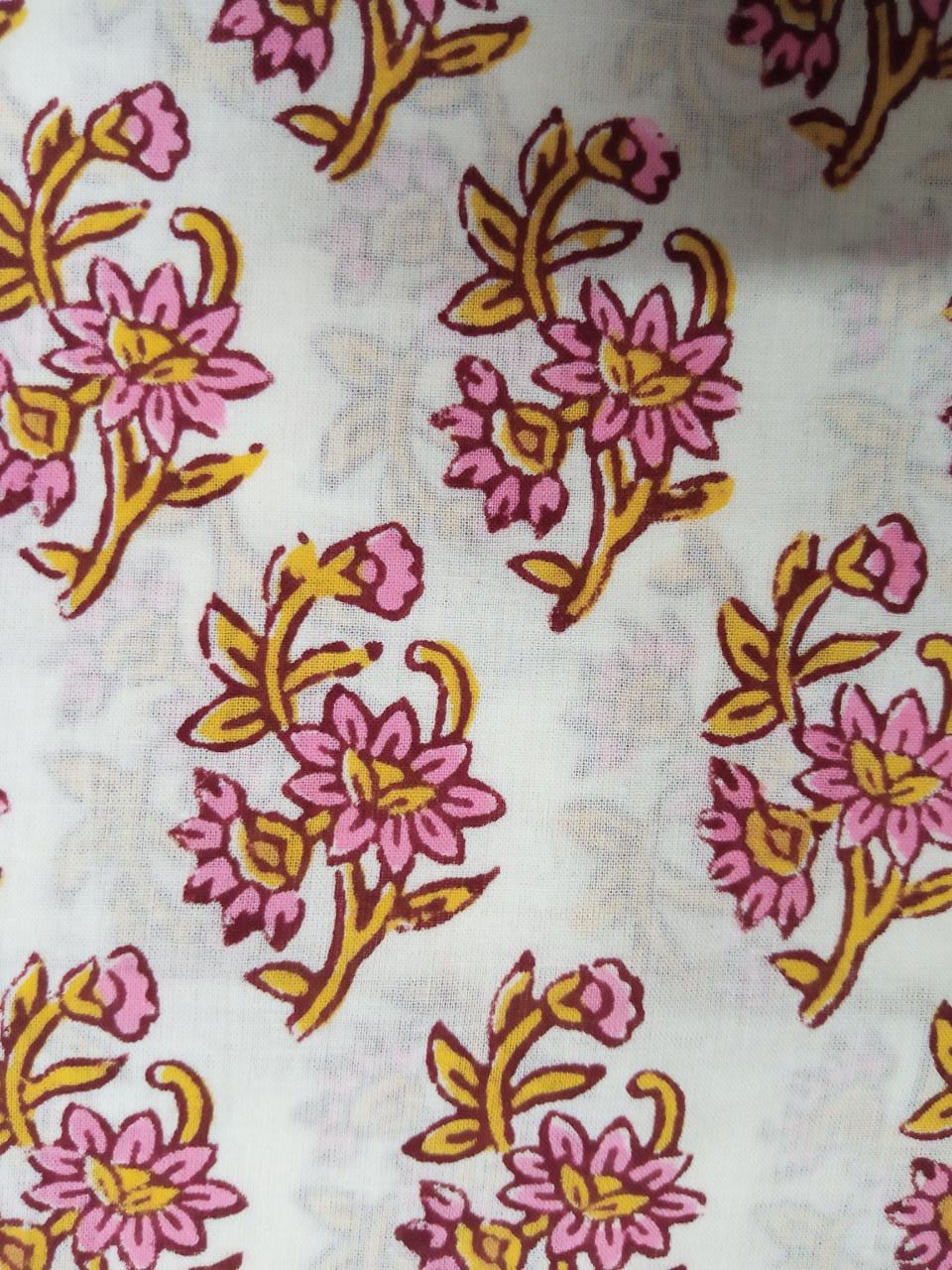 White Base Multi Colored Buti Hand Block Print Pure Cotton Fabric - JBR14