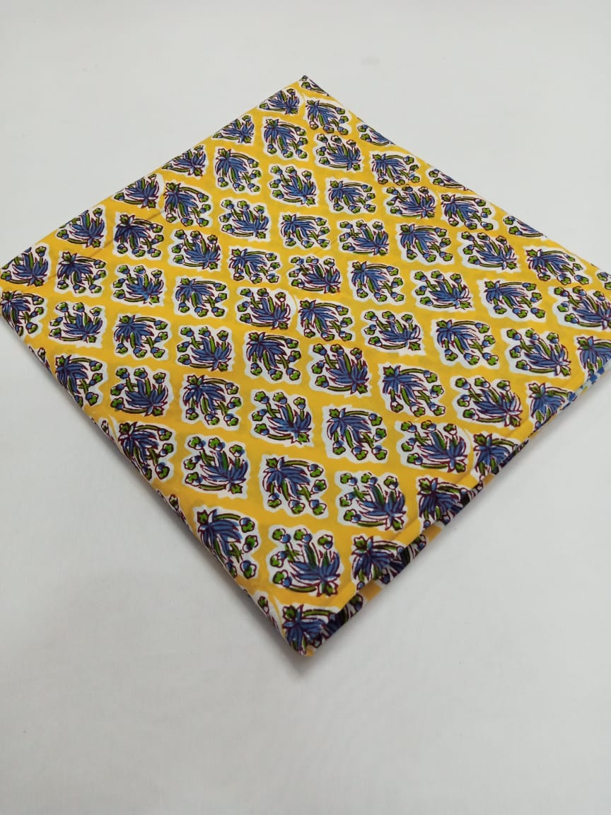 Yellow Floral Buti Sanganeri Hand Block Print Pure Cotton Fabric From Tulsi Prints