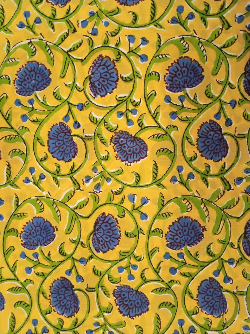 Bright Yellow with Blue Floral Print Hand Block Pure Cotton Fabric for Kurtis - JBR15