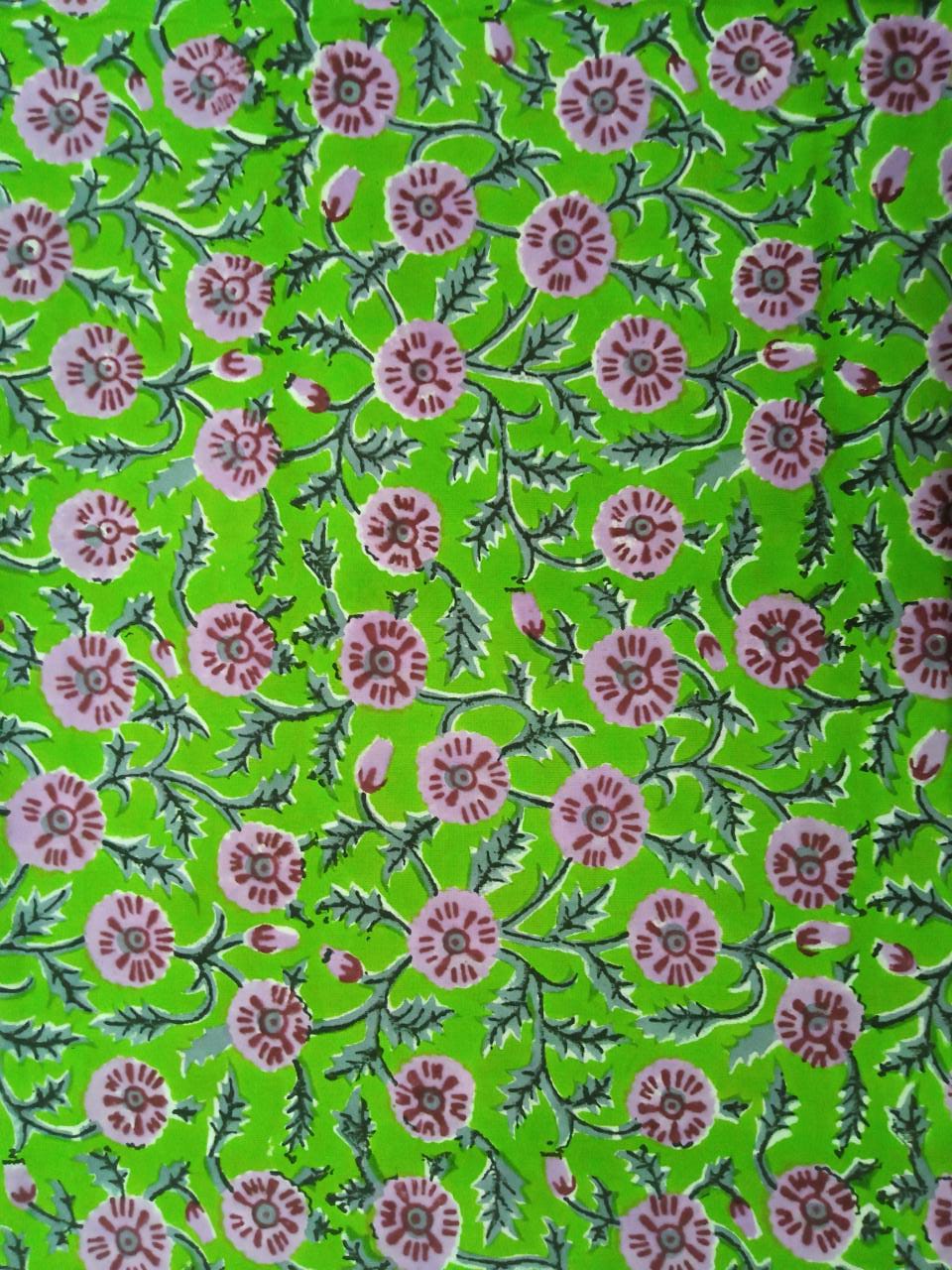 Green with Purple Floral Pattern Hand Block Printed Pure Cotton Fabric - JBR16