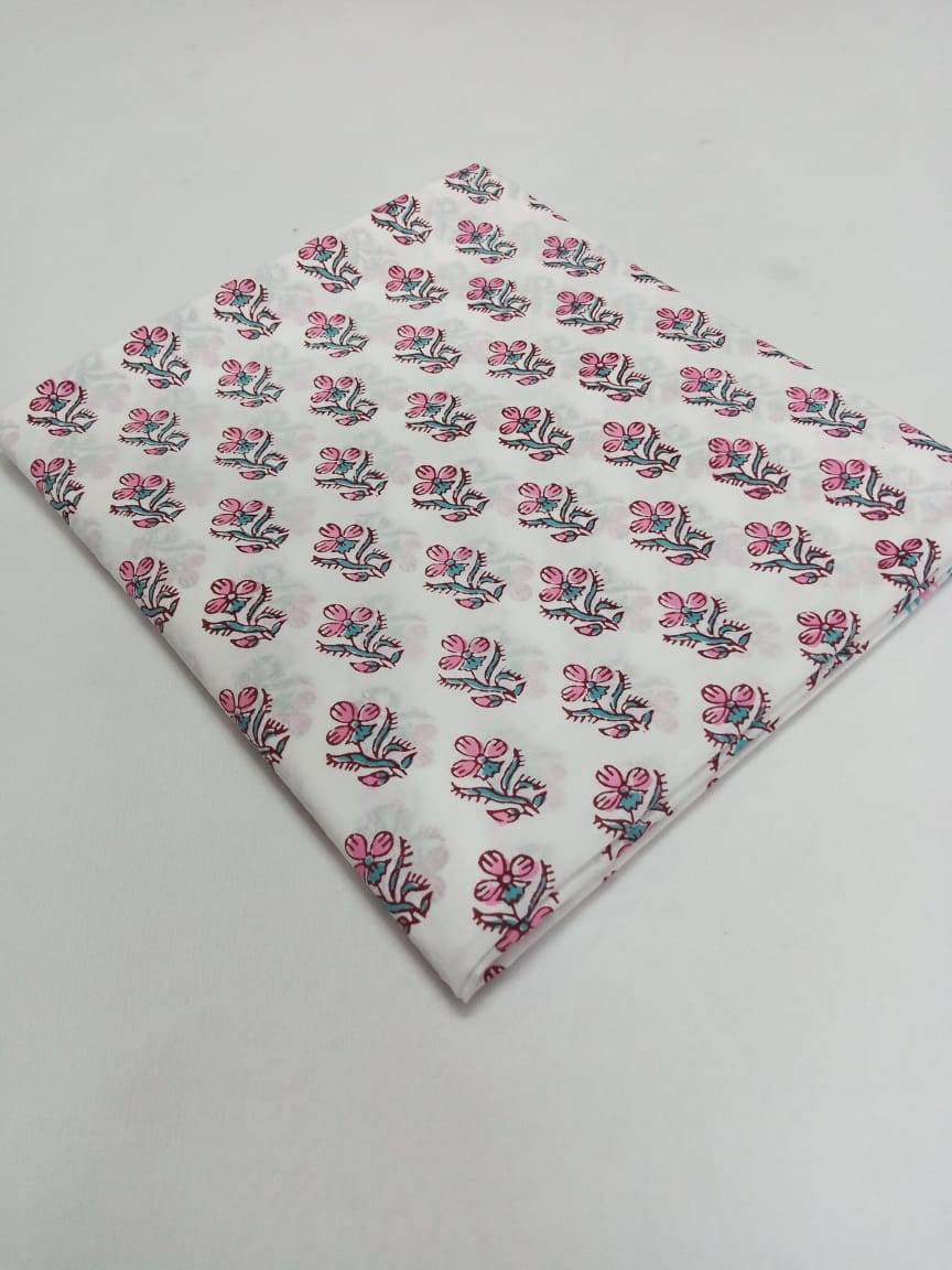 White Small Floral Buti Hand Block Print Pure Cotton Fabric From Tulsi Prints