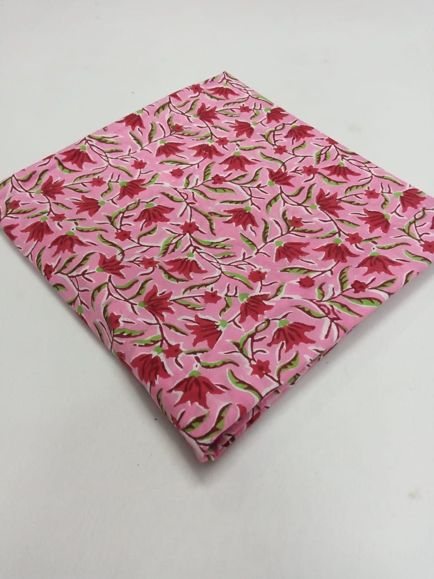 Pink Floral Sanganeri Block Print Pure Cotton Fabric From Tulsi Prints
