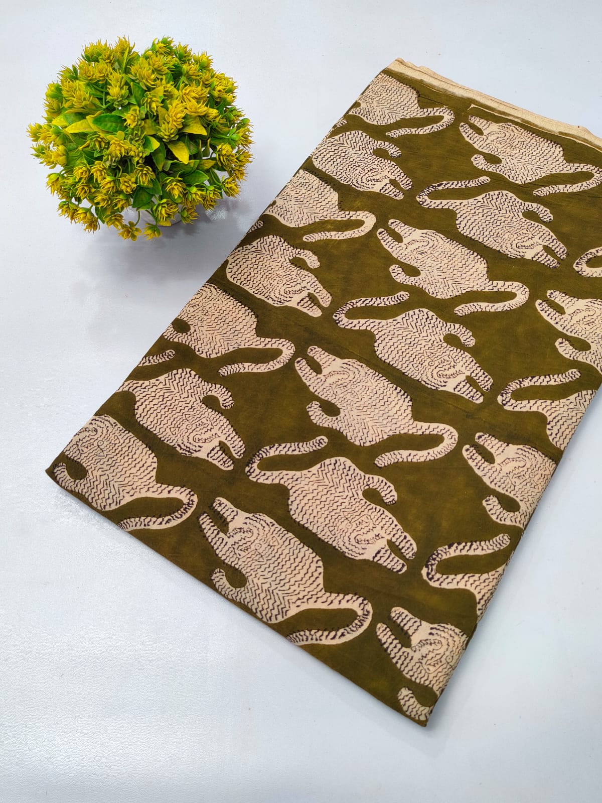 Olive Green Animal Motif Dabu Print Pure Cotton Fabric From Tulsi Prints
