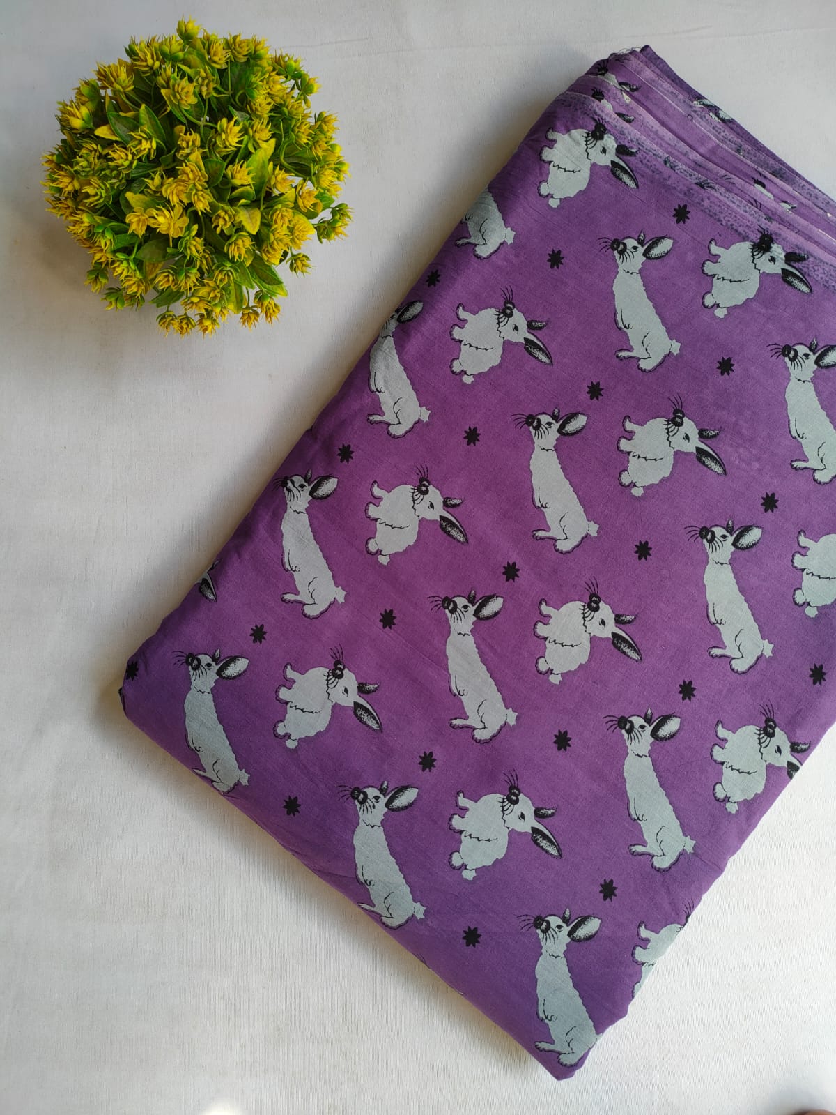 Purple Rabbit Motif Screen Print Pure Cotton Fabric From Tulsi Prints