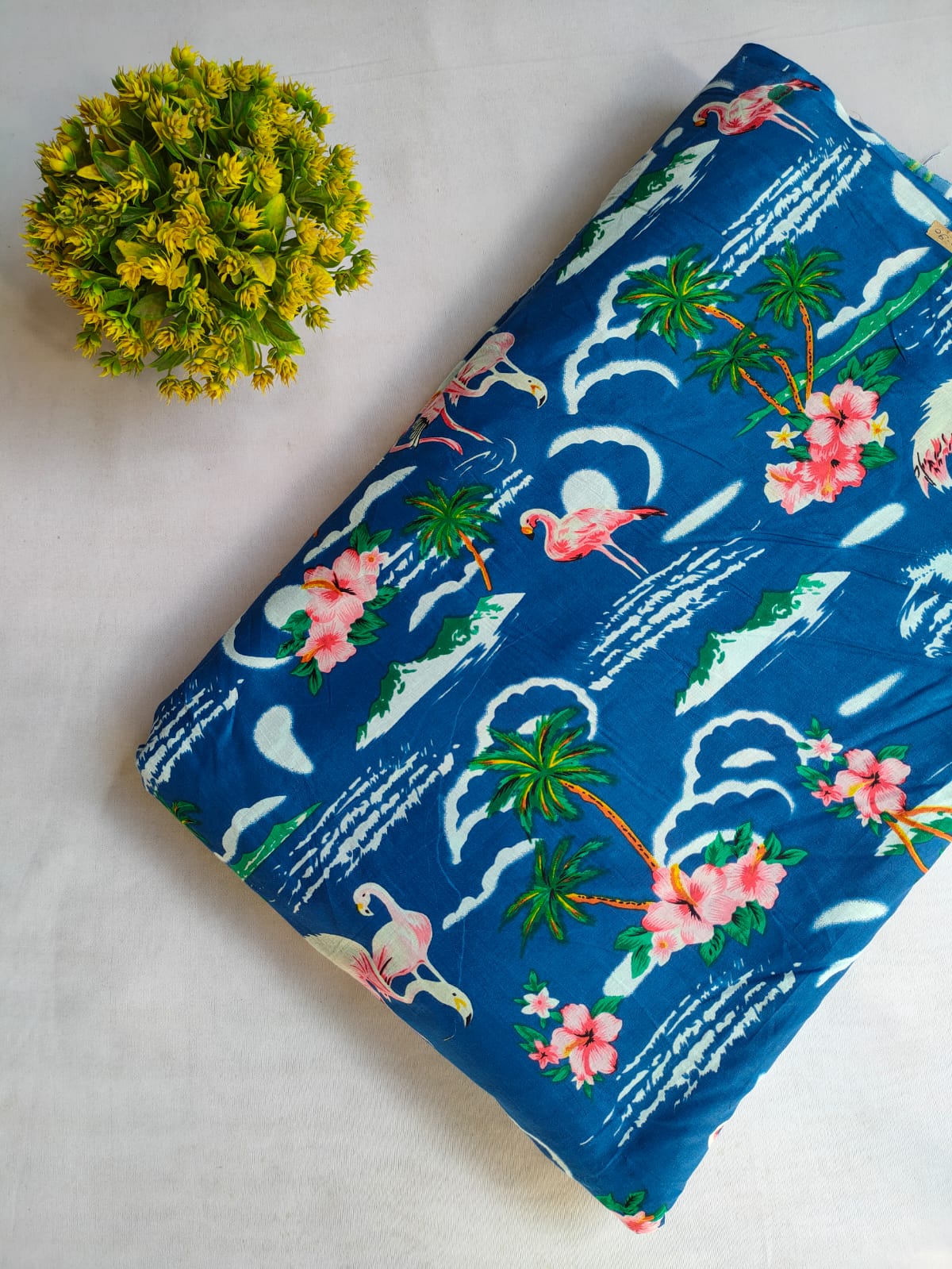 Blue Tropical Flamingo Screen Print Pure Cotton Fabric From Tulsi Prints