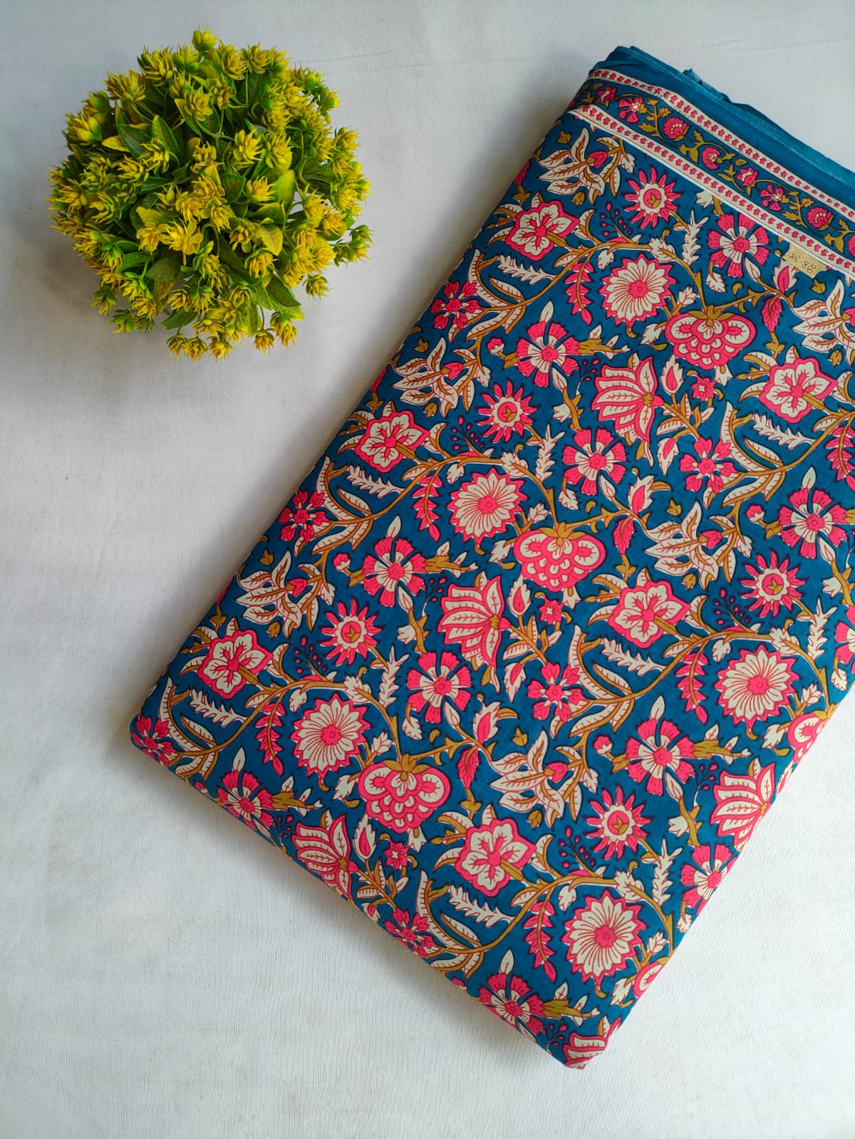 Teal Floral Screen Print Pure Cotton Fabric From Tulsi Prints