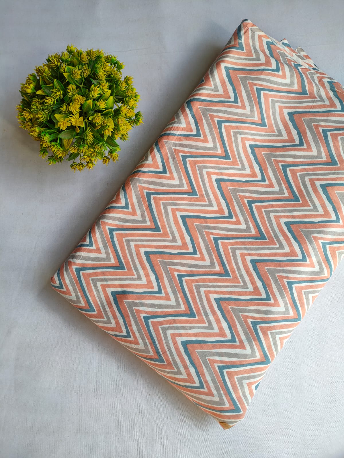 Peach and Blue Zigzag Screen Print Pure Cotton Fabric From Tulsi Prints