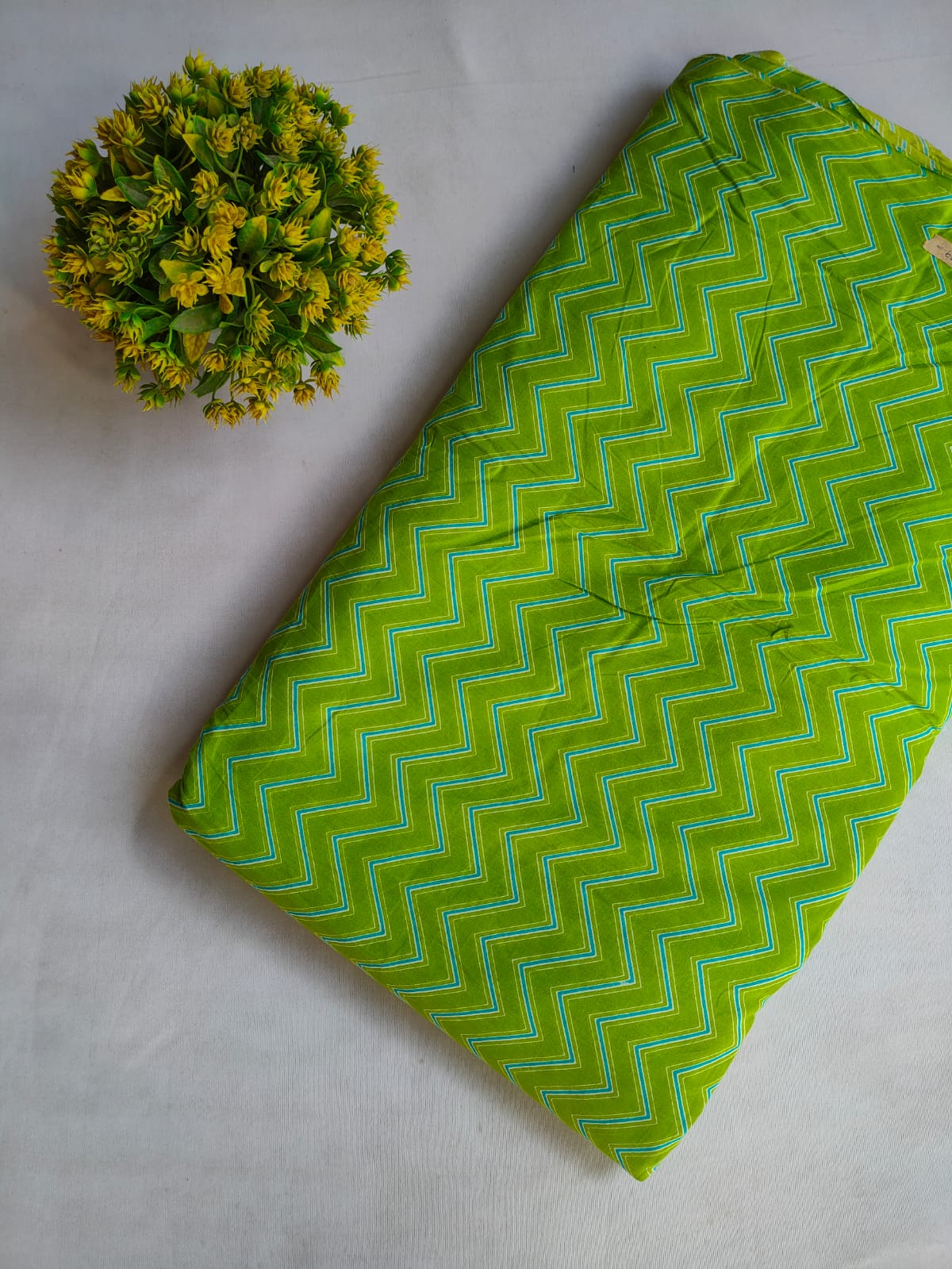 Bright Green Zigzag Screen Print Pure Cotton Fabric From Tulsi Prints
