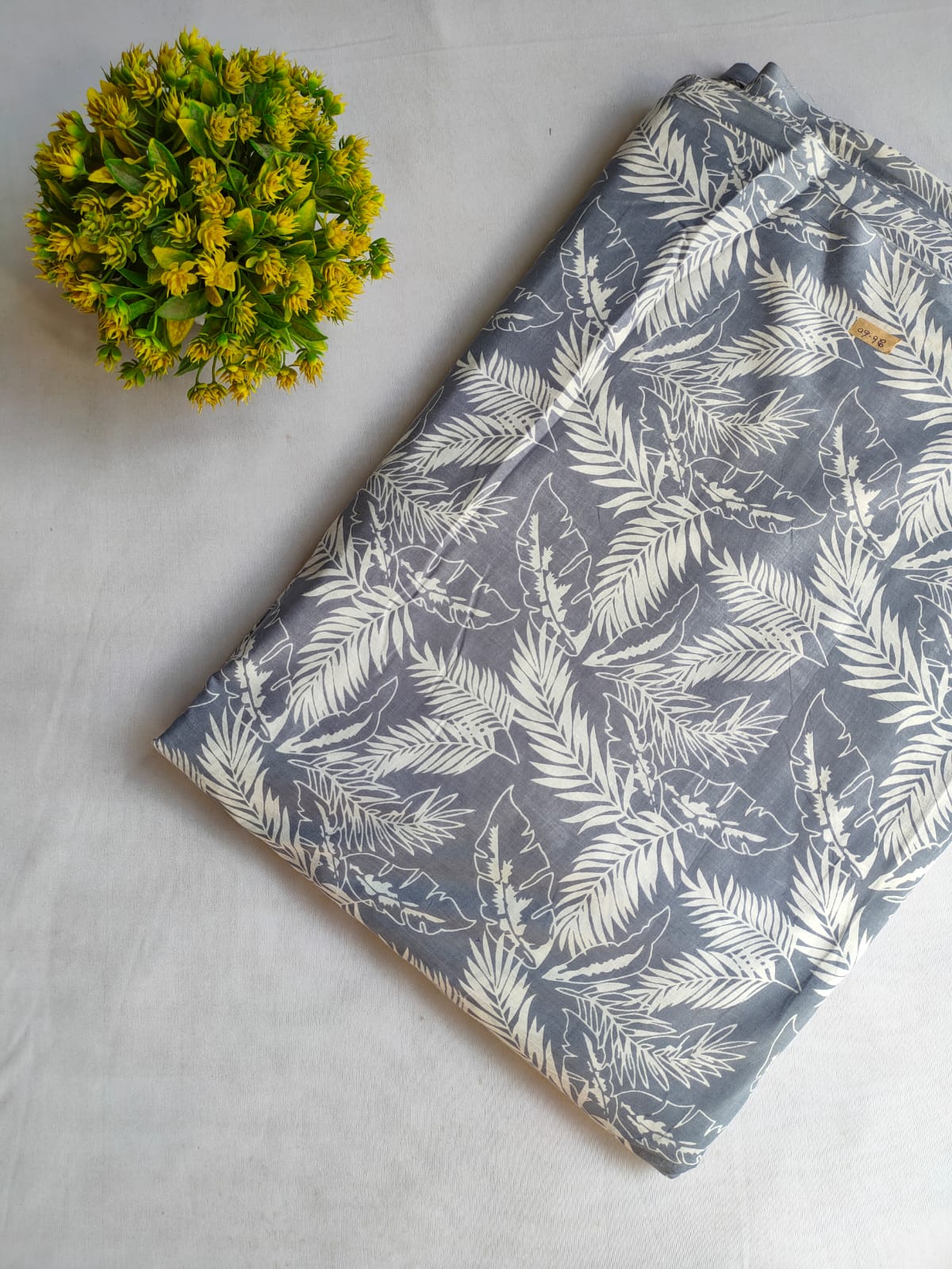 Grey Botanical Leaf Screen Print Pure Cotton Fabric From Tulsi Prints