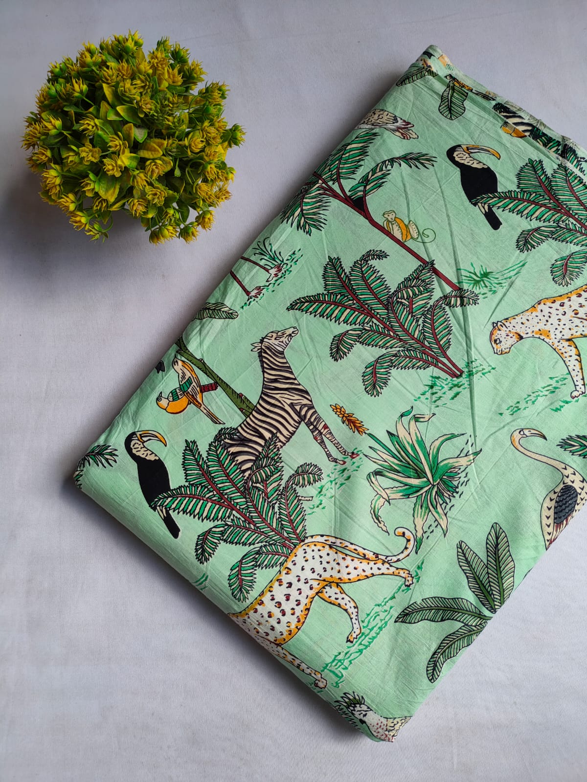 Green Animal Motif Screen Print Pure Cotton Fabric From Tulsi Prints