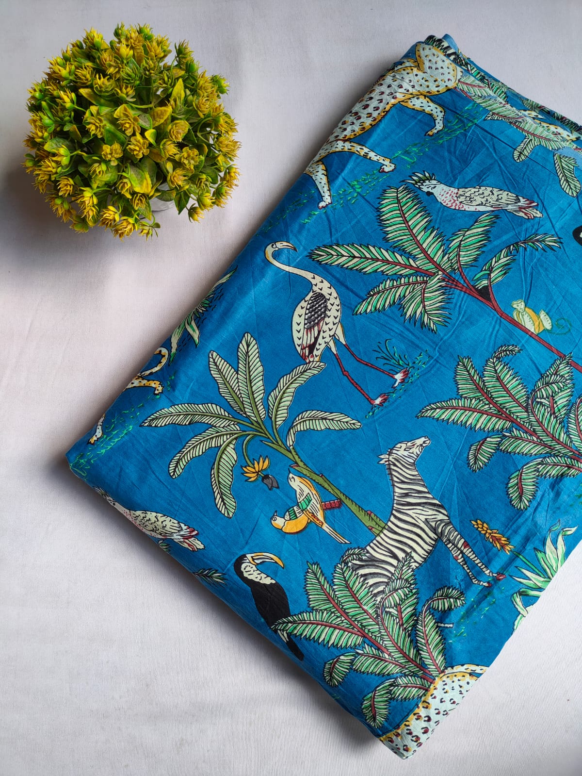 Blue Tropical Animal Motif Screen Print Pure Cotton Fabric From Tulsi Prints