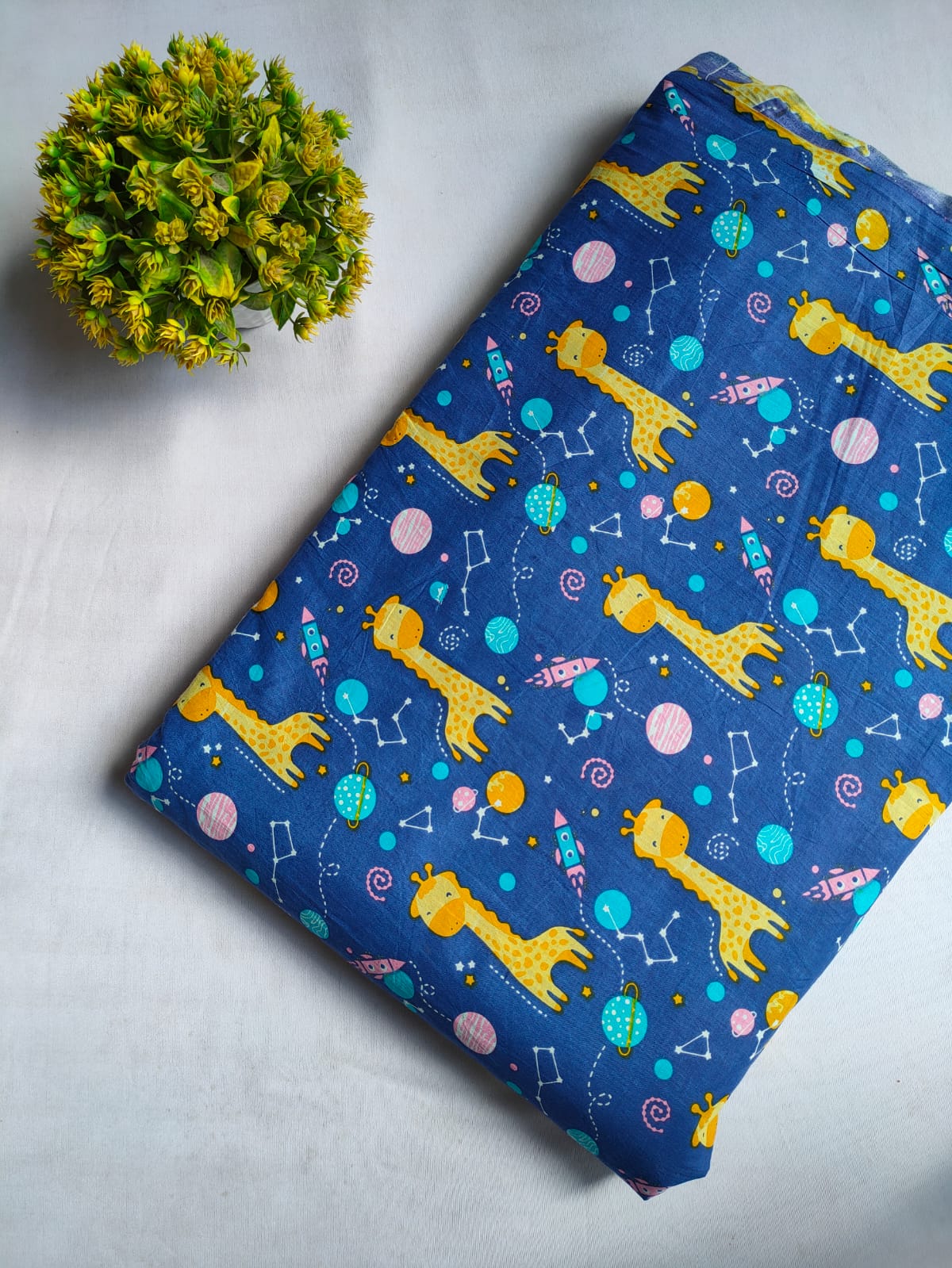 Navy Blue Giraffe and Planet Print Screen Print Pure Cotton Fabric From Tulsi Prints