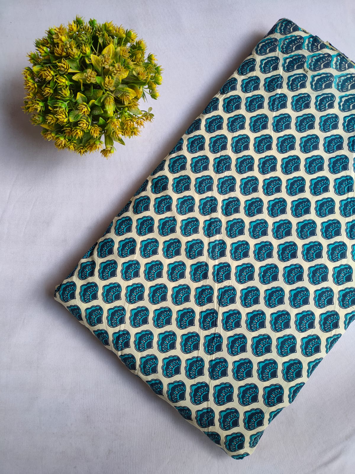 Teal Leaf Motif Screen Print Pure Cotton Fabric From Tulsi Prints