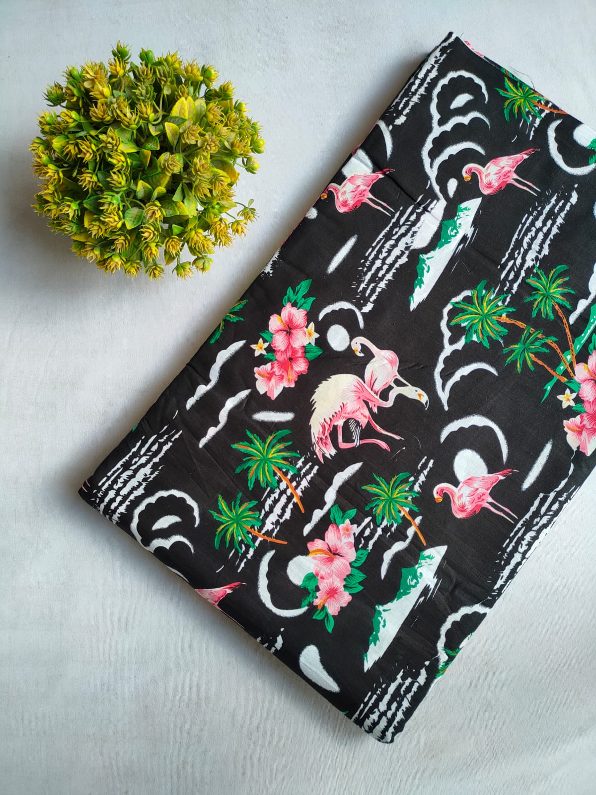 Black Flamingo and Floral Screen Print Pure Cotton Fabric From Tulsi Prints