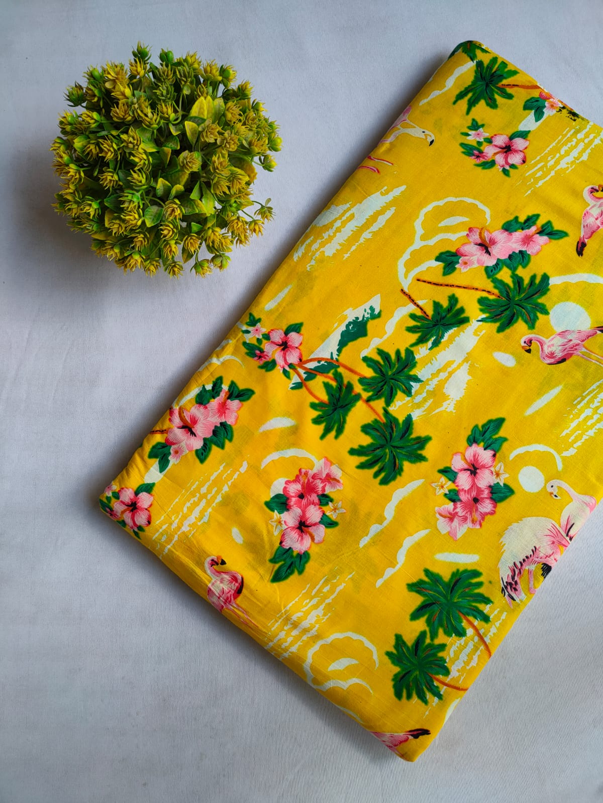 Yellow Floral Flamingo Screen Print Pure Cotton Fabric From Tulsi Prints