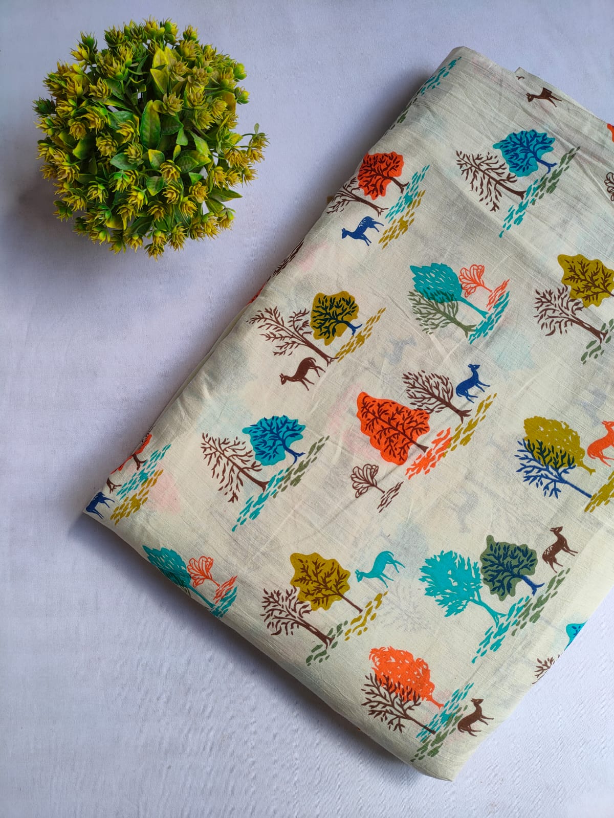 Multicolor Animal and Tree Motif Screen Print Pure Cotton Fabric From Tulsi Prints