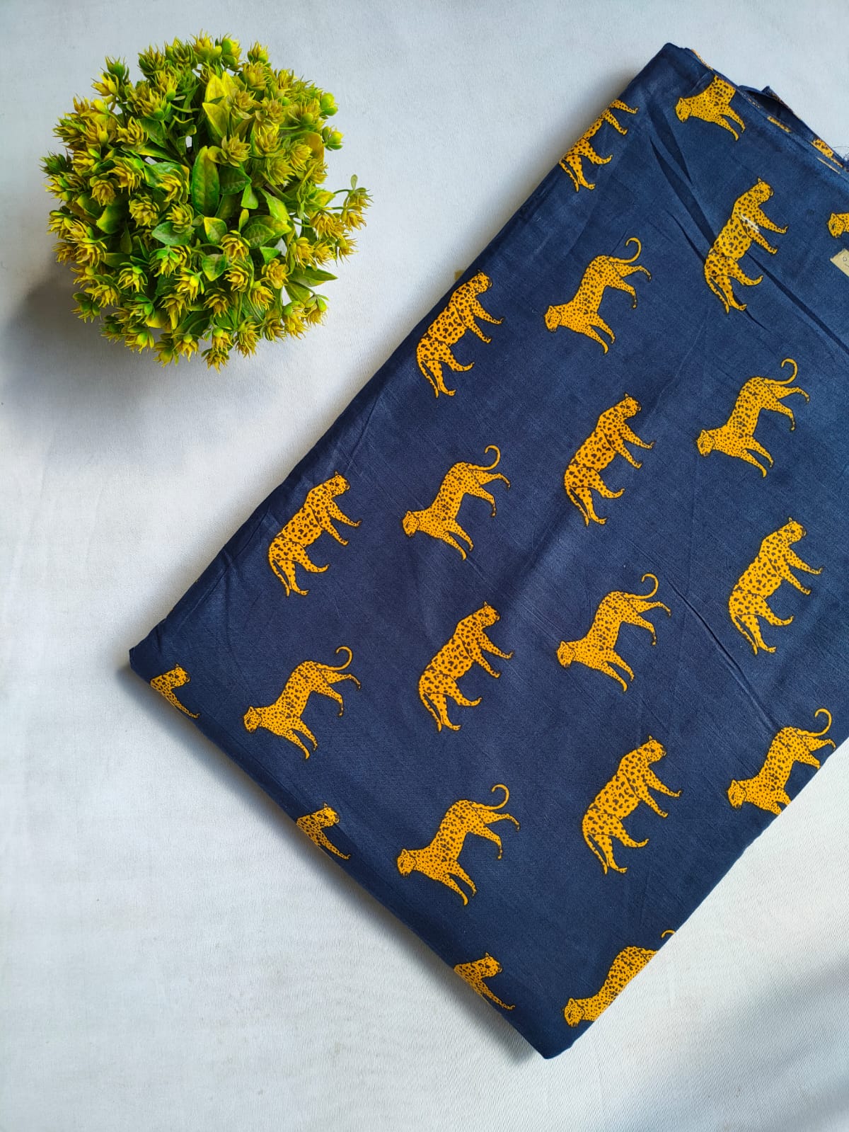 Navy Blue Leopard Motif Screen Print Pure Cotton Fabric From Tulsi Prints