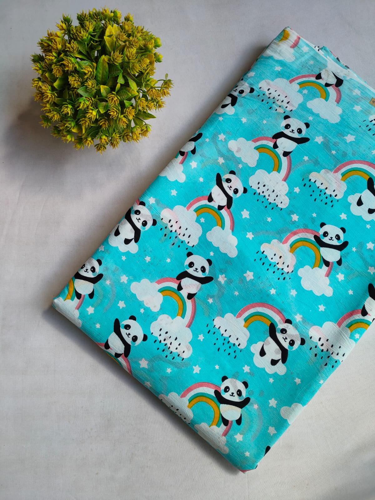 Turquoise Panda Rainbow Screen Print Pure Cotton Fabric From Tulsi Prints