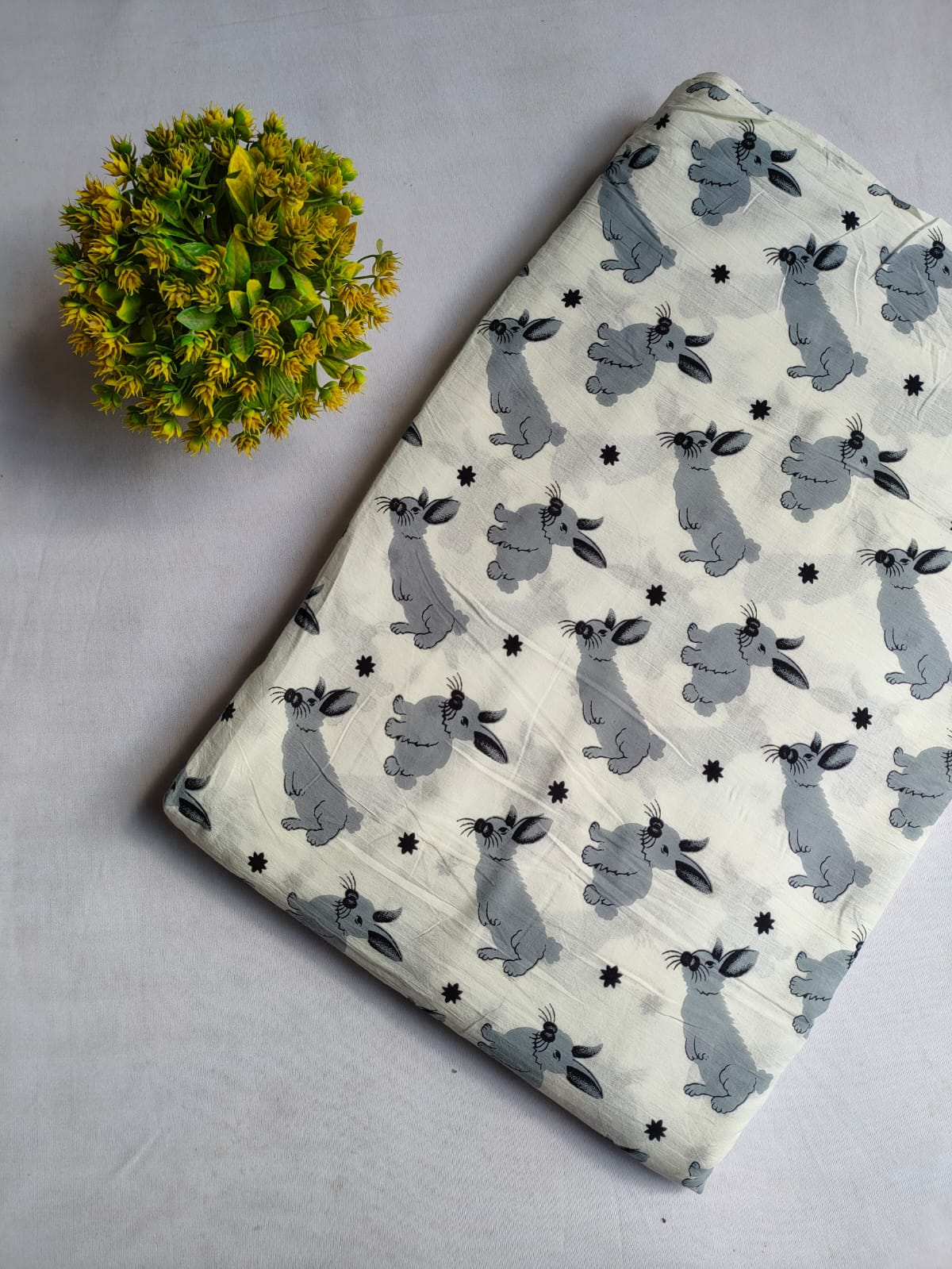 Grey Rabbit Motif Screen Print Pure Cotton Fabric From Tulsi Prints