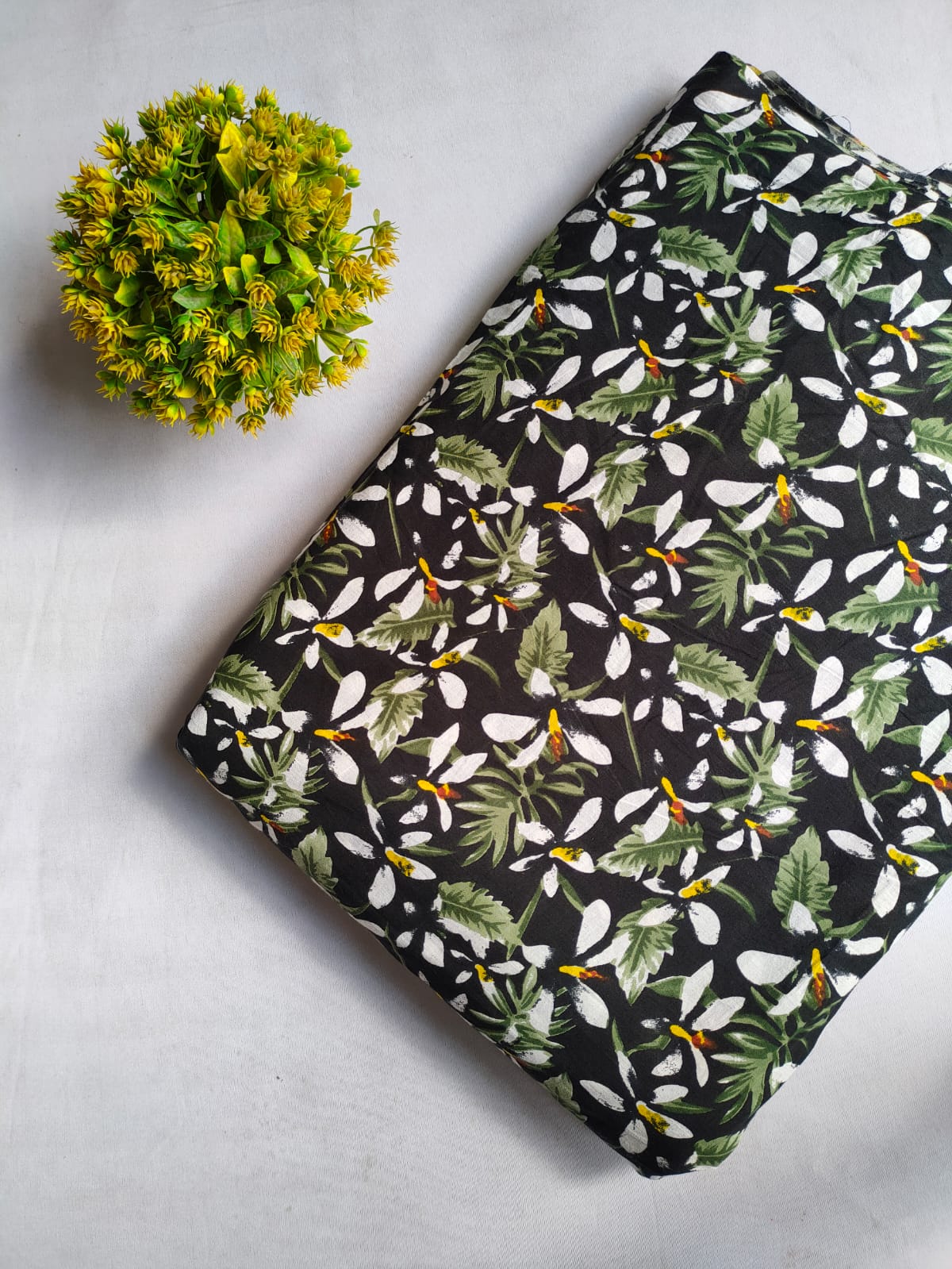 Black Tropical Leaf and Flower Screen Print Pure Cotton Fabric From Tulsi Prints