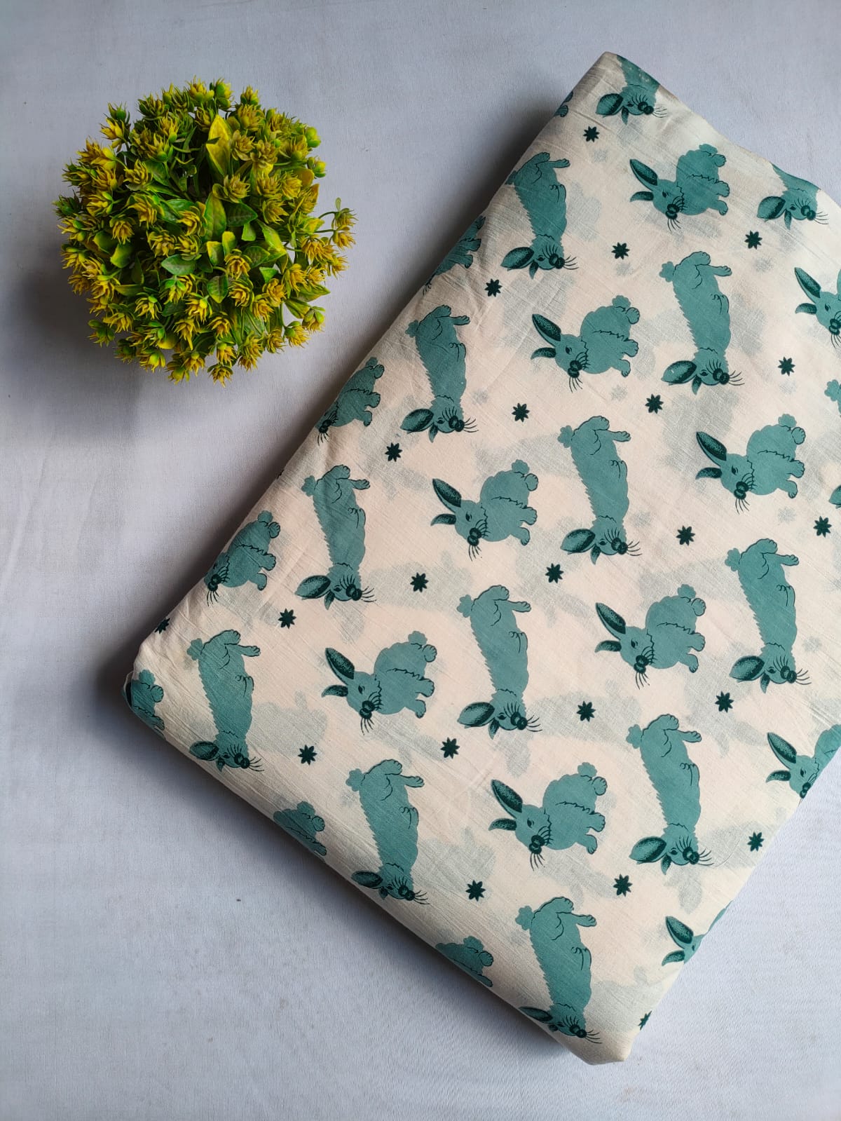Cream Rabbit Motif Screen Print Pure Cotton Fabric From Tulsi Prints