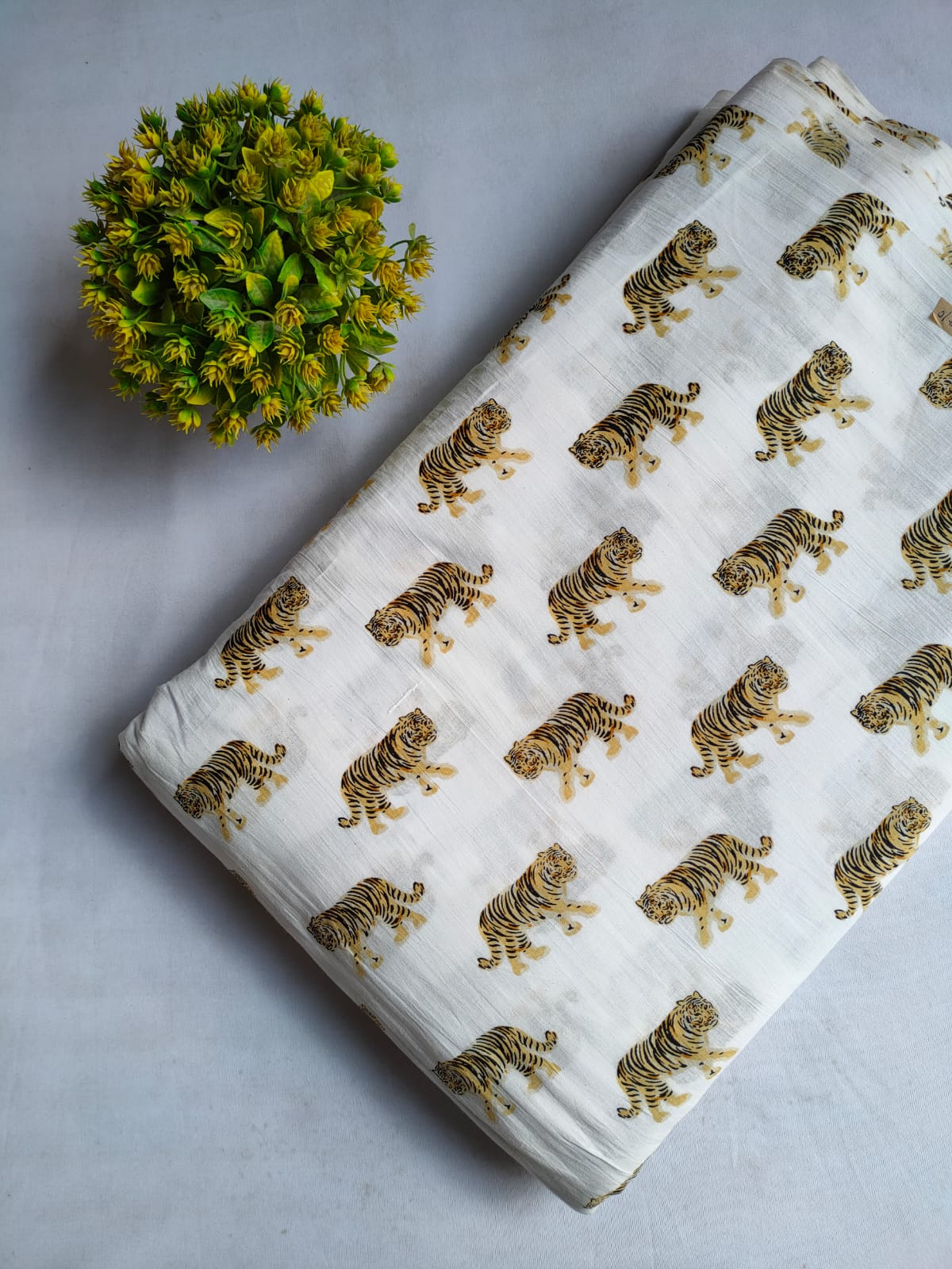 White Tiger Motif Screen Print Pure Cotton Fabric From Tulsi Prints