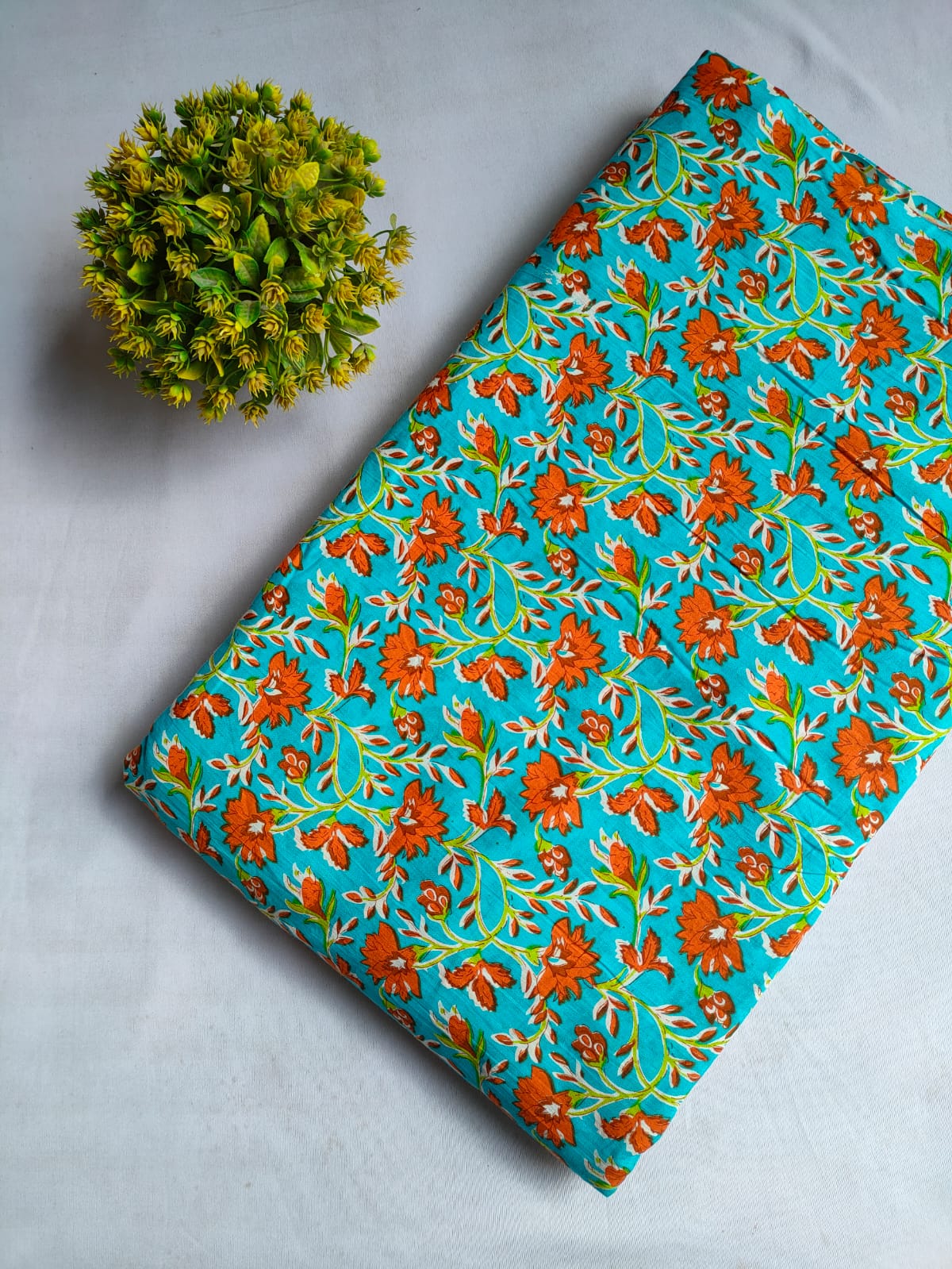 Turquoise Floral Screen Print Pure Cotton Fabric From Tulsi Prints