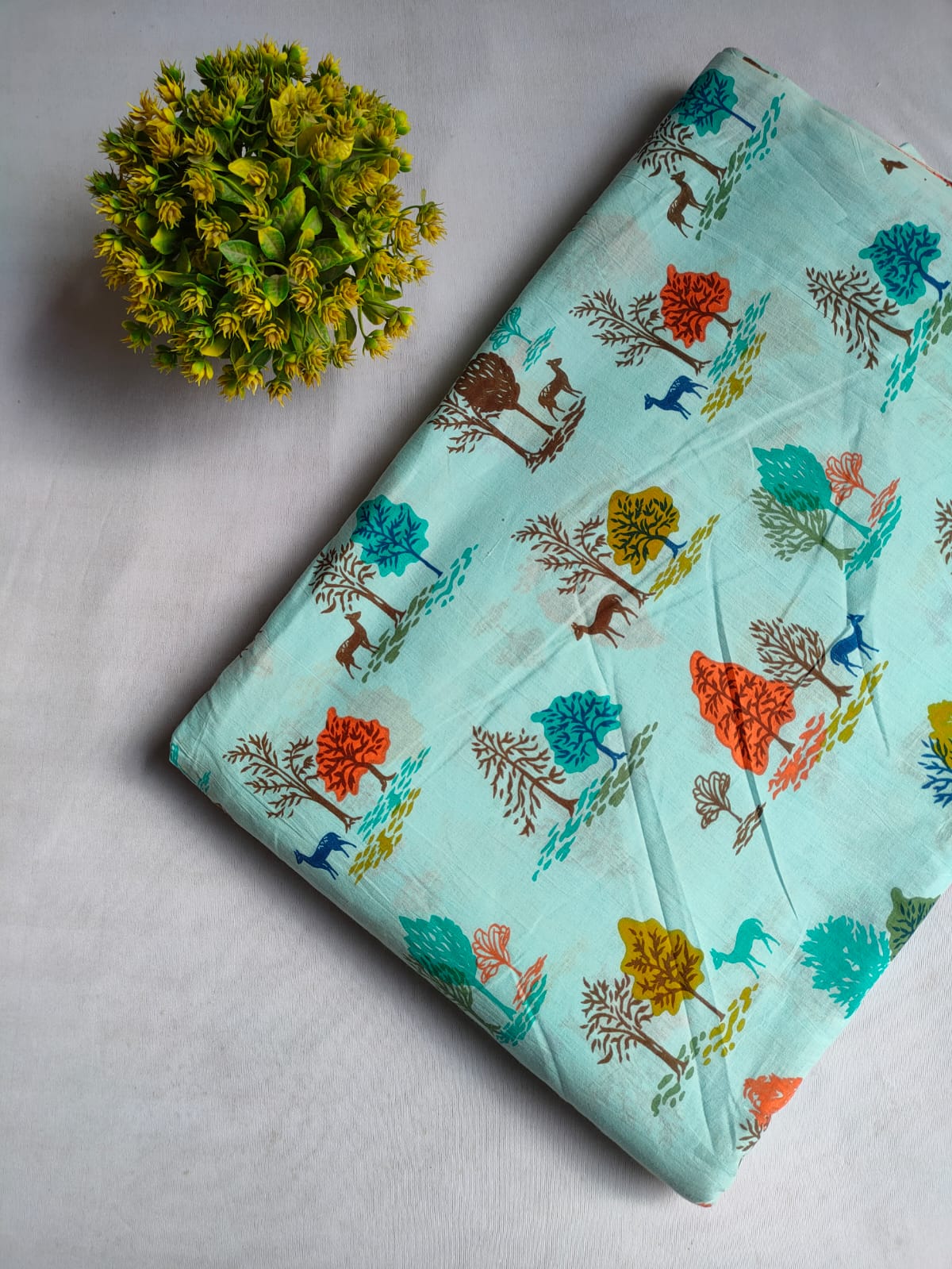 Turquoise Tree and Deer Screen Print Pure Cotton Fabric From Tulsi Prints