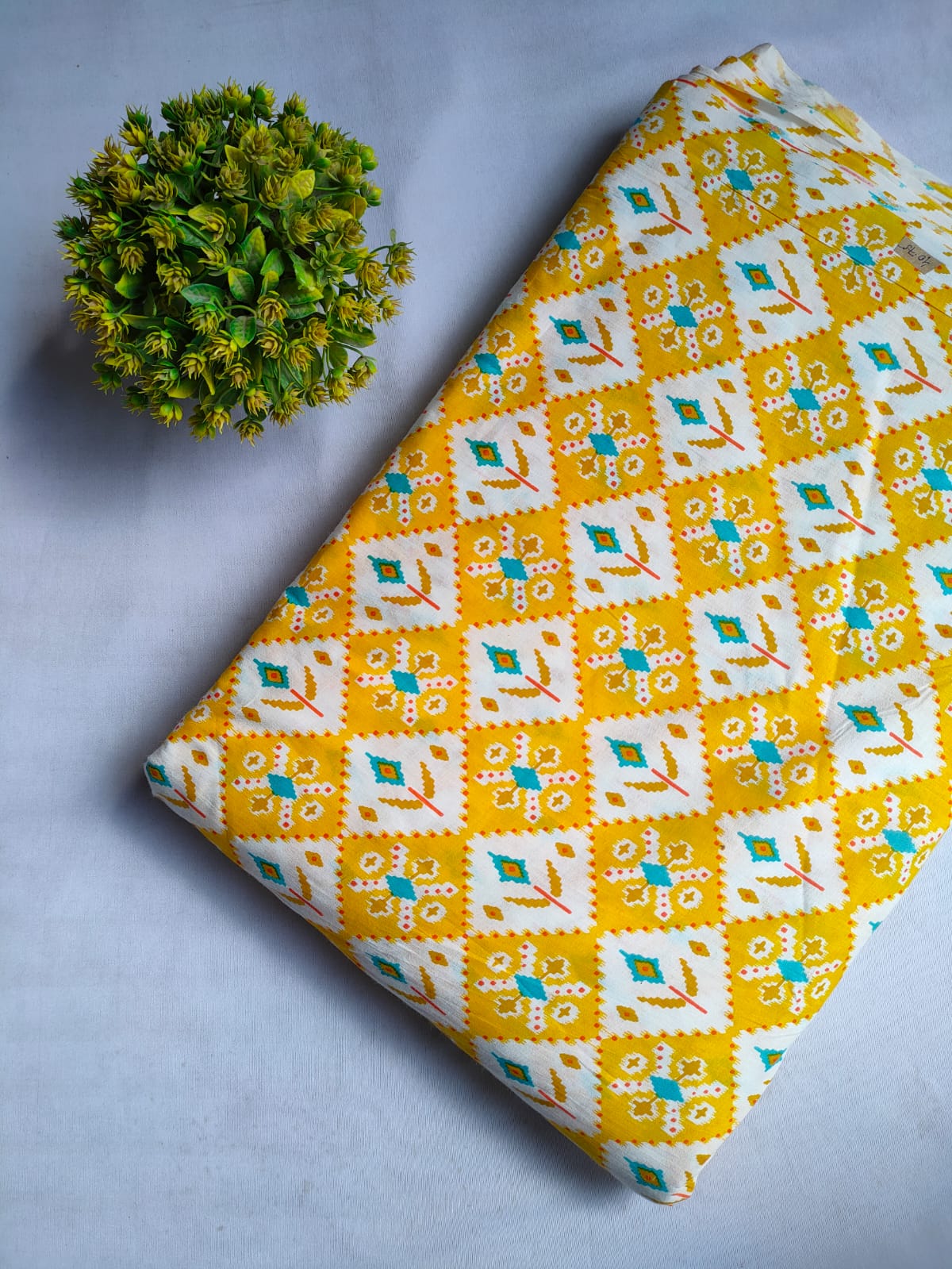 Yellow Geometric Screen Print Pure Cotton Fabric From Tulsi Prints