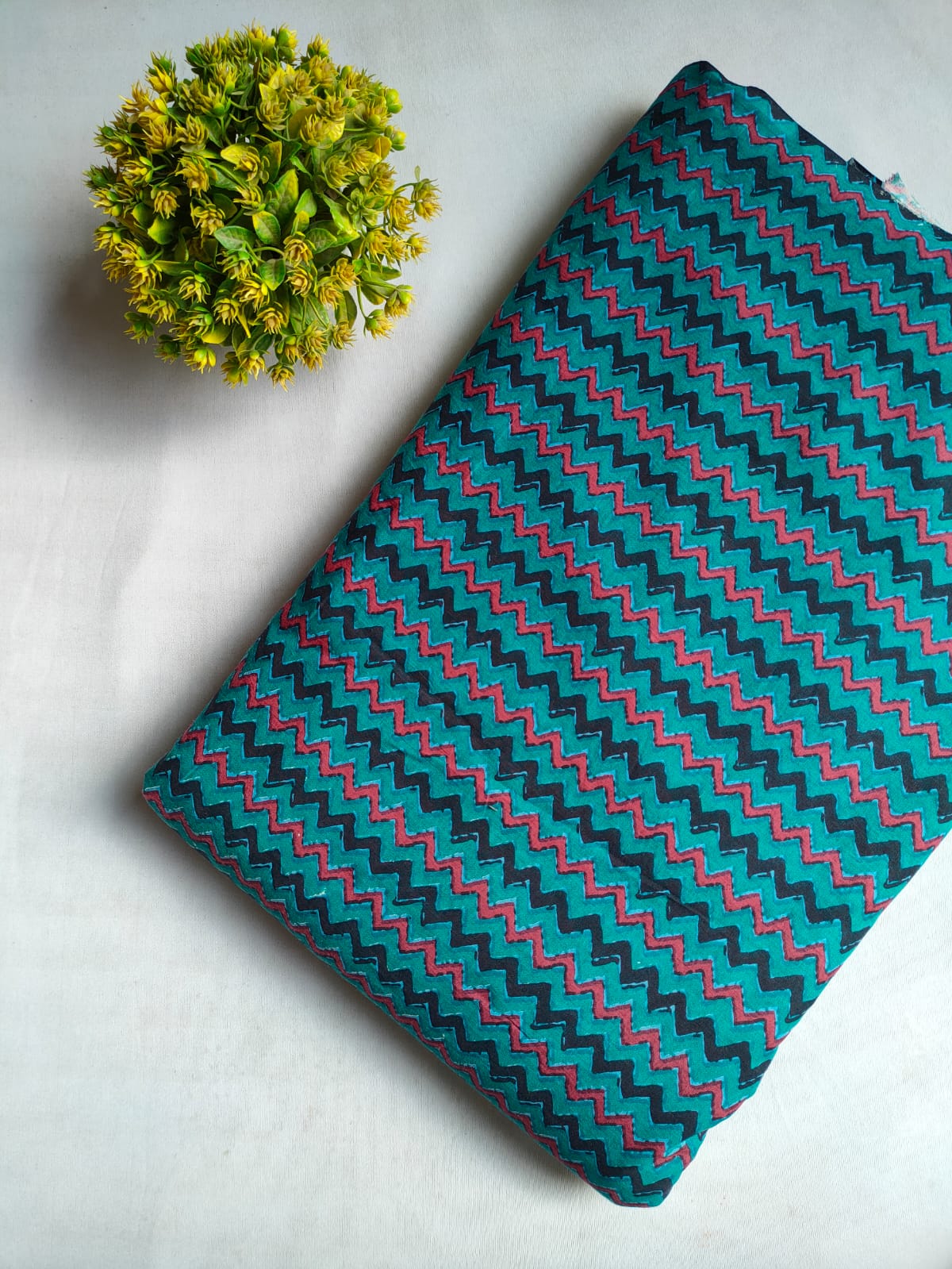 Teal Zigzag Screen Print Pure Cotton Fabric From Tulsi Prints